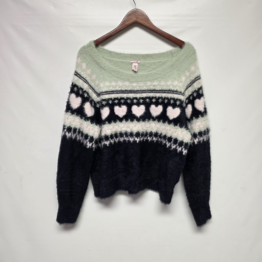 Victorias Secret Sweater Mint Green Blue Fair Isle Hearts Eyelash Fuzzy Large